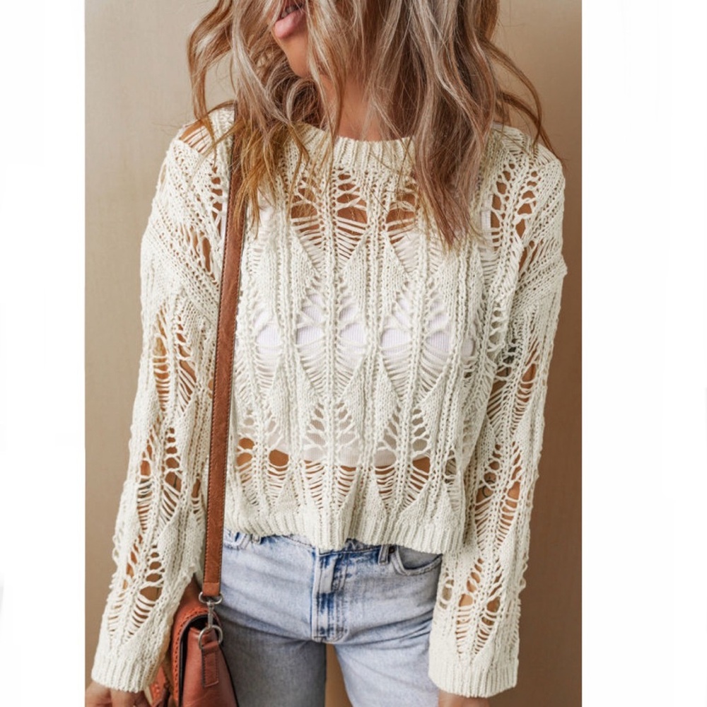 Cream Crochet Loose Fit Sweater